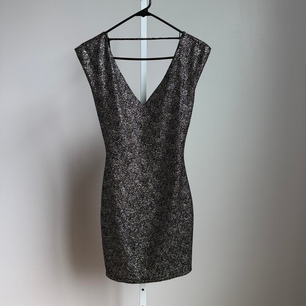 Symphony sz M black gold specked backless mini‎ party dress